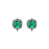 Sterling silver cushion stud earrings with sparkling green quartz, handcrafted Bali artisan jewelry for women.